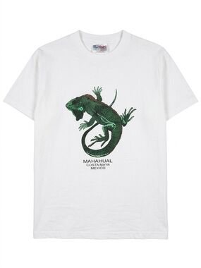 White T-Shirt with Green Iguana Graphic Large Cotton